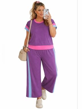 2 Piece 2X Retro Inspired Wide Leg Lounge Set Purple Pink Blue Athleisure